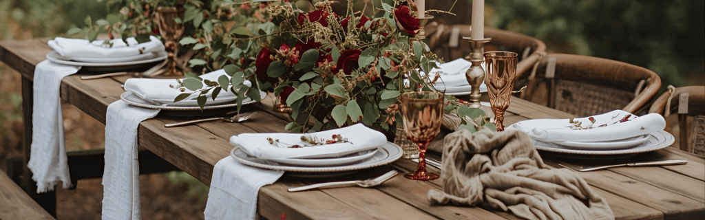 Table en bois dressée pour un mariage, style bohéme chaleureux, fleurs rouges sur la table