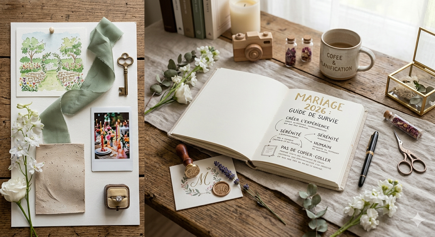 Bureau avec décorations, fleurs, agenda ouvert qui montre les préparatifs d'un mariage