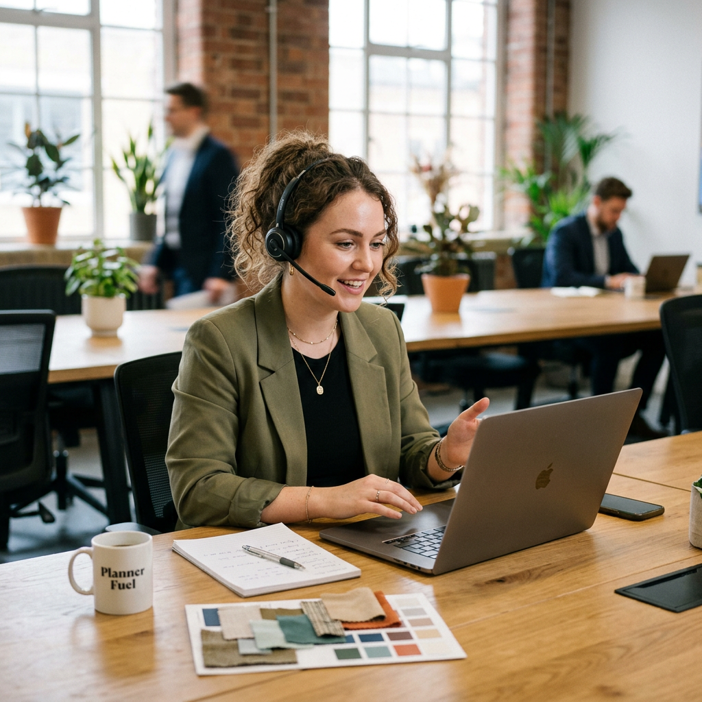 Woman with headset using laptop and color swatches during video call in office