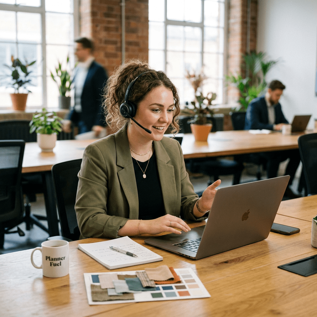 Woman with headset using laptop and color swatches during video call in office