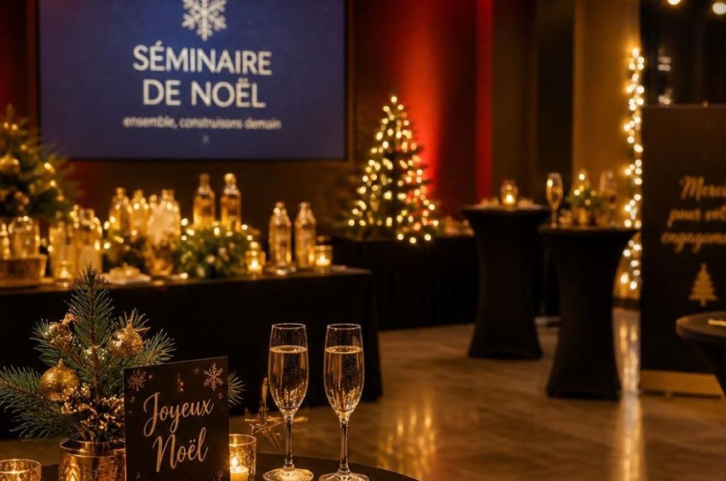 tables dressées avec guirlandes et décorations de noël pour séminaire entreprise.
Slides séminaire de noël avec marqué ensemble construisons demain s'affiche en arrière plan